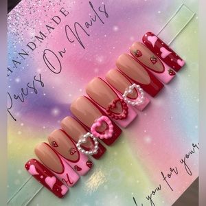 Long square Press on nails pink hearts red French tip valentines strawberries